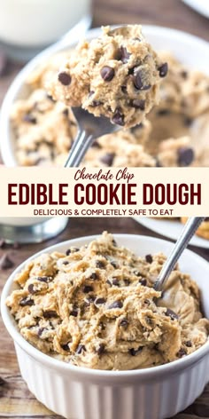 cookie dough in a white bowl with chocolate chips on top and text overlay that reads, cookie dough safe to eat & tastes exactly like the real thing