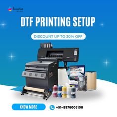 an advertisement for a printer shop with the words dtf printing setup discount up to 30 % off