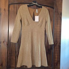 Nwt, Nice Fit Casual Gold Dress For Fall, Casual Long Sleeve Gold Dress, Casual Gold Long Sleeve Dress, Gold Stretch Dress For Fall, Free People Adella Dress, Free People Slip Dress, Floral Spaghetti Strap Dress, White Short Sleeve Dress, Plunge Mini Dress