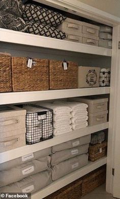 An Australian mother has successfully organised her entire house into storage containers and plastic tubs, with no expense spared on her bathroom cabinet, kitchen pantry and laundry room. #pantryorganization Organised Home, Her Bathroom, Diy Organizer, Linen Cupboard, Bathroom Showrooms, Linen Closet Organization, Small Laundry Rooms, Set Of Drawers, Laundry Room Storage