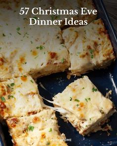 a blue tray filled with food and the words christmas eve dinner ideas on top of it