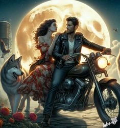 a man and woman riding on the back of a motorcycle next to two wolfs