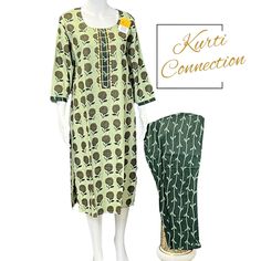 Pure cotton kurti set all Blouses come with margin inside for resizing / customization, please leave a message Unstitched Cotton Pant Set For Eid, Festive Green Cotton Pant Set, Traditional Cotton Pant Set With Printed Motifs, Fitted Cotton Pant Set With Printed Motifs, Eid Green Cotton Pant Set, Cotton Block Print Straight Kurta Sets, Green Cotton Palazzo Set For Navratri, Fitted Cotton Block Print Palazzo Set, Cotton Straight Kurta With Matching Set