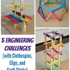 four different pictures with the text 5 engineering challenges with clothespins, clips, and craft sticks