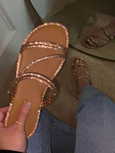 Sizing: true to size - Open toe - Embellished strappy design - Approx. 1" heel Pretty Sneakers, Sparkly Sandals, Pretty Sandals, Shoes Sneakers Jordans, Shoes Outfit Fashion, Glitter Sandals, Girly Shoes, Shoe Inspo, Gold Sandals