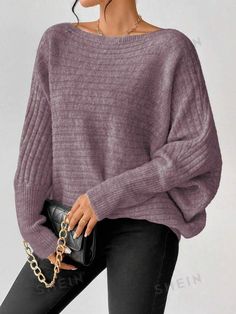 Sleeve Type:Batwing Sleeve \nStyle:Casual \nNeckline:Boat Neck \nType:Pullovers \nColor:Purple \nPattern Type:Plain \nSleeve Length:Long Sleeve \nLength:Regular \nTemperature:Spring/Fall (18-25℃/63-77℉) \nFit Type:Loose \nFabric:Medium Stretch \nMaterial:Fabric \nComposition:100% Polyester \nCare Instructions:Hand wash or professional dry clean \nSheer:No \n Batwing Sleeve Sweater, Women Sweaters, Batwing Sleeve, Bat Wings, Sweater Sleeves, Spring And Fall, Boat Neck, Sleeve Sweater, Fashion Online Shop