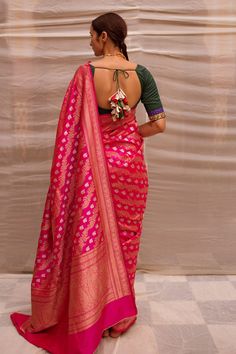 Pink saree with floral, paisley banarasi woven motifs and gold border. Comes with running blouse piece.
Component: 1
Pattern: Woven
Type Of Work: Floral, paisley
Fabric: Banarasi Silk
Color: Pink
Other Details: 
Note: Blouse worn by the model is not for sale
Occasion: Puja - Aza Fashions Saree Women, Saree For Women, Types Of Work, Paisley Fabric, Gold Border, Pink Saree, Not For Sale, Sarees Online, Blouse Piece