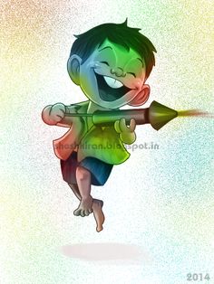 a cartoon boy is playing with a green and yellow object in the air while smiling