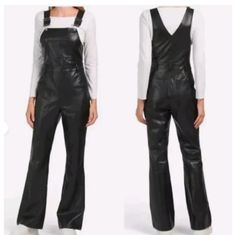 This Is A Brand New 7 For All Mankind Black Faux Leather Overalls Jumpsuit With A Square Neckline And Buckle Closure. It Is Made Of Polyester And Polyurethane, With A Faux Leather Fabric Type And Regular Fit. The Jumpsuit Has A Flared Leg Style And Inseam Of 31.5 Inches. It Features Pockets And Is Machine Washable. It Is Suitable For Travel, Activewear, Party/Cocktail, Casual, And Workwear Occasions. It Is A One-Piece Overall Style Suitable For Winter, Summer, Fall, And Spring Seasons. Black Full-length Jumpsuits And Rompers For Fall, Black Jumpsuits And Rompers For Fall, Black Overalls For Fall, Black Leather Fitted Jumpsuits And Rompers, Black Leather Jumpsuits And Rompers, Black Fitted Leather Jumpsuits And Rompers, Fitted Black Leather Jumpsuits And Rompers, Leather Jumpsuits And Rompers For Fall, Trendy Winter Workwear Jumpsuits And Rompers