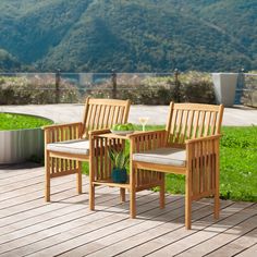 two wooden chairs sitting on top of a wooden deck next to a potted plant