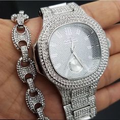 This Listing Is For Both The Watch And Mariner Link Bracelet Men's Hip Hop White Gold Pt Luxury Watch & Icey Bracelet Combo Set Bracelet: Hip Hop Celebrity Full Iced Cz Diamond Chain Bracelet Adjustable From 7.5-10 Inches 12mm Width Luxury Bling Bracelet Watch: 100% Brand New Finish: White Gold Case Size: 45mm X 45mm Case Back: Stainless Steel Lab Simulated Diamonds On The Bezel & Band Movement: Quartz Japan Battery Included Lock: Fold Over Removable Links (Adjustable) Luxury Style Timeless Silver Iced Out Jewelry, Timeless White Gold Iced Out Jewelry And Watches, Timeless Iced Out Silver Jewelry, Silver Diamond Watch With Stainless Steel Bracelet, White Gold Diamond Watch Stainless Steel As Gift, Luxury Diamond Watch With Stainless Steel Bracelet Strap, Gift Bracelets With Diamond Hour Markers In Stainless Steel, Luxury White Gold Stainless Steel Jewelry And Watches, White Diamond Watch With Polished Finish As Gift