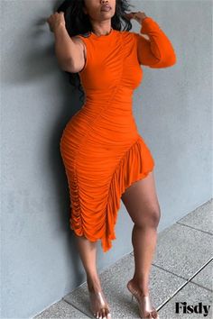 Fisdy - Stylish Knee-Length Asymmetrical Dress with Orange Hues, Long Sleeves, O-Neck, and Elegant Draped Ruffle Detailing Fitted Knee Length Dress, Asymmetrical Dresses, Ruffle Pattern, Vogue Dress, Pencil Skirt Dress, Irregular Hem, Hip Dress, Midi Dress With Sleeves, Knee Length Dresses