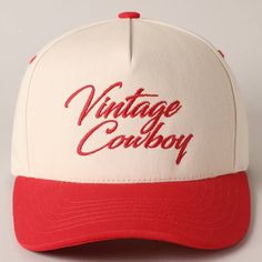 Vintage Cowboy Embroidery Two-Tone Baseball Cap - "Vintage Cowboy" Text Embroidery - 5 Panel Canvas Baseball Cap - 100% Cotton - Adjustable Buckle Closure - Embroidered In USA *One Size Fits All - Adjustable Strap Makes Fit Comfortable.* The VANTAGE Two-Tone Embroidery Trucker Hat blends style and functionality with its distinctive design. The hat features a two-tone color scheme, combining a vibrant or contrasting color on the front panels with a complementary. The embroidered detailing on the Vintage Snapback Hat With Letter Print And Curved Brim, Vintage White Snapback Hat With Letter Print, Vintage Letter Print Baseball Cap, Vintage White Trucker Hat For Baseball Season, Vintage Baseball Cap With Letter Print, Retro Snapback Hat With Embroidered Logo For Baseball Season, Vintage Snapback Hat With Letter Print, Vintage Trucker Hat With Letter Print And Curved Brim, Retro Trucker Hat With Embroidered Logo And Curved Bill