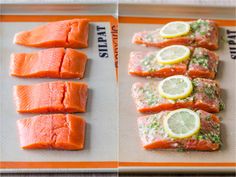 salmon and lemons on a baking sheet before and after being cooked