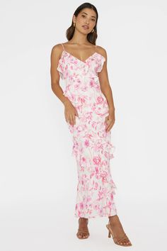 Shop the Silvana Frill Trim Midi Dress Floral Pink | Selfie Leslie Hoco Inspo, Midi Dress Floral, Hoco Dress, Dress Inspo, Dinner Date, Iron Material, Dance Dress, Hoco Dresses, Girl Stuff