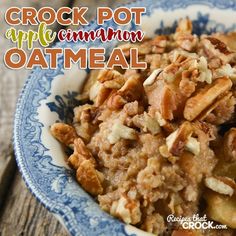 crock pot apple cinnamon oatmeal is in a blue and white bowl