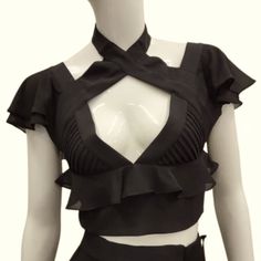 Nasty Gal Sexy Black Deep V Neck Ruffled Flutter Sleeve Criss Cross Halter Crop Top With Ribbed Detail On Bodice, Exposed Pewter Gray Metal Ykk Zipper In Back, Hook And Eye Closure On Halter At Back Of Neck. Stunning With A Maxi, Midi Or Mini Skirt, Shorts Or Trousers. (Skirt Shown Is Not Included, Is Just For Ideas!) Ruffles Are Sheer Black Chiffon, Bodice Is Opaque Polyester. 97% Polyester, 3% Spandex Brand New In Sealed Polybag Size S And Size M Flat Lay Measurements: Underarm To Underarm (S) Flirty Fitted Ruffle Crop Top, Flirty Fitted Crop Top With Ruffles, Flirty Fitted Ruffles Crop Top, Black Flirty Top With Ruffles, Flirty Black Top With Ruffles, Flirty Black Ruffled Top, Gothic Tops For Summer Night Out, Gothic Tops For Night Out In Summer, Gothic Tops For Summer Nights