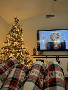 a living room with a christmas tree in the corner and a flat screen tv on