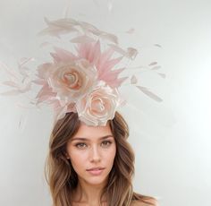 Pale Blush Pink Statement Fascinator Hatinator Hat Kentucky Derby Ladies Royal Ascot Wedding Garden Tea Party Percher Pillbox Pale Baby Pink Sarah Fascinator Hat Gorgeous pale pink silk rose flowers trimmed with pale pink and pink coque feathers and hackle on a pinkm sinamay base Base measures about 6 inches wide This pale blush pink and cream headwear is mounted with a matching headband. If you prefer a headband to match your hair, please make a note at check out what colour headband you want. Tea Party Garden, Matching Headband, Silk Roses, Royal Ascot, Fascinator Hats, Pink Silk, Pink Candy, How To Make Notes, Kentucky Derby