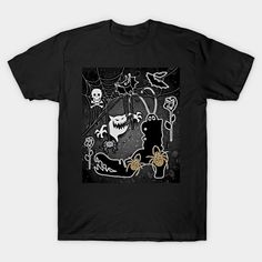 a black t - shirt with an image of a ghost and other spooky creatures