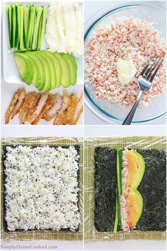 four pictures showing different types of food including rice, avocado and salmon