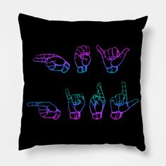 a black pillow with neon colored hand gestures on the front and back of it in different colors