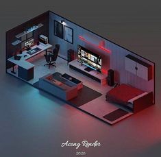 an aerial view of a living room and bedroom in the shape of a house with red lighting