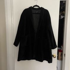 Nwot Never Worn. Black Faux Fur Eileen Fisher Coat With Shawl Style Neckline And Two Front Snap Closures. “Faux Fur” Is Very Short In Style, Does Not Shed. Beautiful Coat In Brand New Condition With Front Pockets And Dropped Shoulders. Fully Lined. Flat Lay Measurements: 26” Pit To Pit, 36” Shoulder To Hem Black Long Sleeve Fur Coat With Pockets, Chic Black Fur Coat For Work, Shawl Style, Kimono Coat, Open Sweater, Woven Jacket, Open Front Jacket, Brown Silk, Striped Jacket