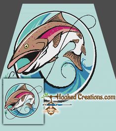 an image of a fish on a blue background with the words hooked creations com written below it