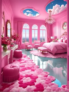 a bedroom with pink walls and flooring that looks like it has clouds on the ceiling