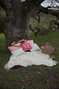 a blanket and pillows on the ground next to a tree with a love pillow in it