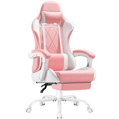 a pink and white office chair with wheels on the bottom, in front of a white background