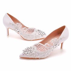 Details: Style: elegant Embellishment: Lace, Rhinestone Heels Type:?Stiletto Heel height: 2.95inch Closure Type: Slip on Toe: Pointed Toe Upper Material: Faux Leather Sole Material:?Rubber Lining Material: Leather Lace Bolero Jacket, Rhinestone Wedding Dress, Lace Bolero, Bridal Tops, Elegant High Heels, Rhinestone Heels, Short Lace Dress, White Pumps, Womens Wedding Shoes