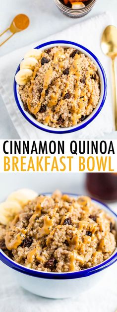 cinnamon quinoa breakfast bowl with bananas and raisins in the background, on a white table