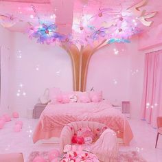 a bedroom with pink walls and flooring is decorated in pastel colors, like the cherry blossom tree