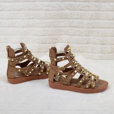 New In Box Leatherette Upper Covered In Gold Tone Multi Shaped Studs Back Zipper And Wrap Around Strap With Buckle Closure. Runs True To Size Gold Sandals With Studded Rubber Outsoles And Round Toe, Trendy Flat Heel Festival Sandals, Trendy Round Toe Sandals For Festivals, Trendy Brown Sandals For Festival, Ankle Sandals Flat, Luxury Slides, White Platform Sandals, Purple Weave, Pearl Sandals