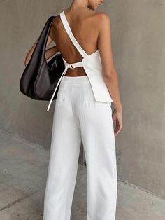 Backless Outfit, Asymmetrical Style, All White Outfit, Long Midi Dress, Outerwear Outfit, Green Coat, Swimwear Outfit, White Outfits, Tie Backs