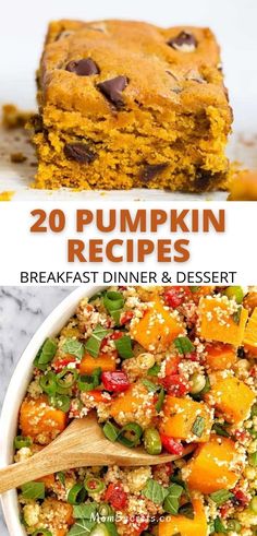 pumpkin desserts with text overlay that reads, 20 pumpkin recipes breakfast dinner and dessert