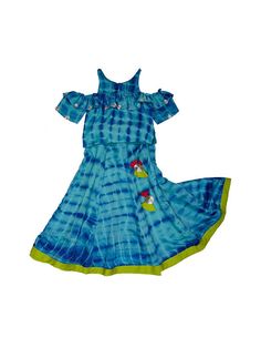 Bright tie-dye lehenga set with gota work all over. Frill and cold shoulder gives a contemporary cute look to the top and bright contrast tassles on the lehenga adds spunk to the festive look. Color: Blue Fabric: Chanderi Note: The product will be delivered within 2-4 weeks of order placed Fit - Relaxed Fit Wash Care - Dry clean only No returns and Exchange. Measure before ordering to avoid any returns. Measurements: Top - 1-2 years - chest: 21.5", length: 11" 2-3 years - chest: 22.5", length: 1 Dye Lehenga, Chanderi Lehenga, Kids Lehenga, Gota Work, Festive Look, Best Deal, Blue Fabric, No Frills, Lehenga