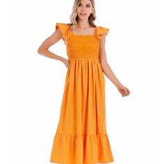 Beautiful Orange Dress For Occasion Solid Lined Midi Dress For Summer, Solid Summer Midi Dress Lined, Solid Summer Midi Dress With Lining, Solid Color Sundress For Spring Brunch, Solid Sundress For Spring Brunch, Orange Lined Midi Dress, Orange Ruffled Midi Dress For Vacation, Orange Ruffled Sundress Maxi Dress, Orange Ruffled Midi Dress For The Beach