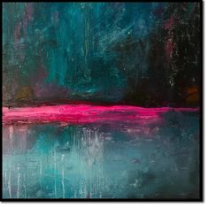 an abstract painting with blue, pink and green colors