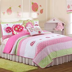 Give your child's bedroom an adorable update with this Cami ladybug quilt set from Porch Den. The 100-percent cotton set features a Fair Isle pattern, made with stripes, polka dots, and cute lady bugs, rendered in shades of pink, white, and green with red and blue accents. The machine washable set is quilted all over with a swirly pattern, and includes one quilt and matching shams (only one sham in twin set). Features: Set includes 1 quilt, 2 pillow shams and 3 decorative pillows (1 pillow sham Ladybug Quilt, Ladybug Room, Pink Ladybug, Daybed Bedding, Cotton Quilt Set, Clean Decor, Christmas Bedding, Boys Bedding, Teen Bedding