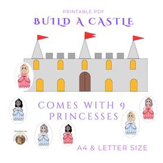 a castle with princesses on it and the text build a castle comes with 9 princesses