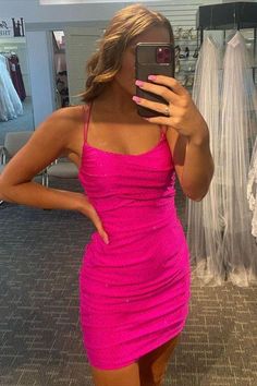 Hocoming Dresses, Hot Pink Homecoming, Hot Pink Homecoming Dress, Prom Dress Off The Shoulder, Hot Pink Bodycon, Hoco Inspo, Tight Prom Dresses, Bodycon Dress Homecoming