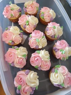 cupcakes with pink and white frosting in a plastic container