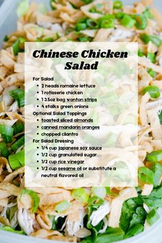 chinese chicken salad in a plastic container with the ingredients labeled on it and text overlay