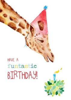 a birthday card with a giraffe wearing a party hat