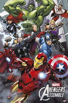 the avengerss assemble in front of an image of iron man, hulk and captain america