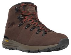 a brown hiking boot with red laces on the outstep and side zipper