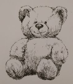 a black and white drawing of a teddy bear sitting up with its paws on it's chest